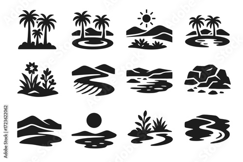 Water dry vector clustered sand icon hills date oasis rock central arid