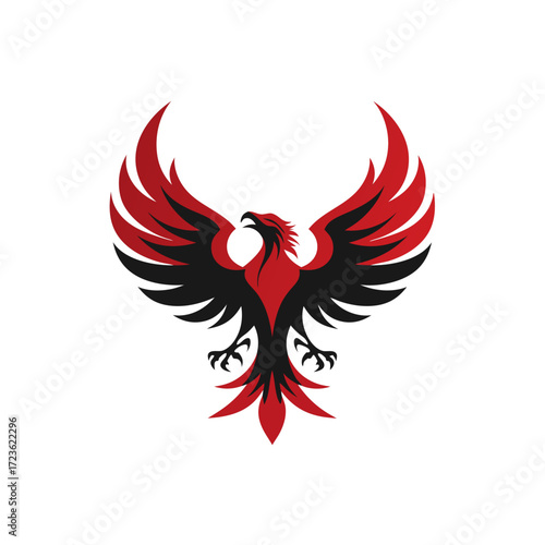 Stylized red and black mythical bird illustration with spread wings, representing power, rebirth, and strength. Dynamic graphic design.