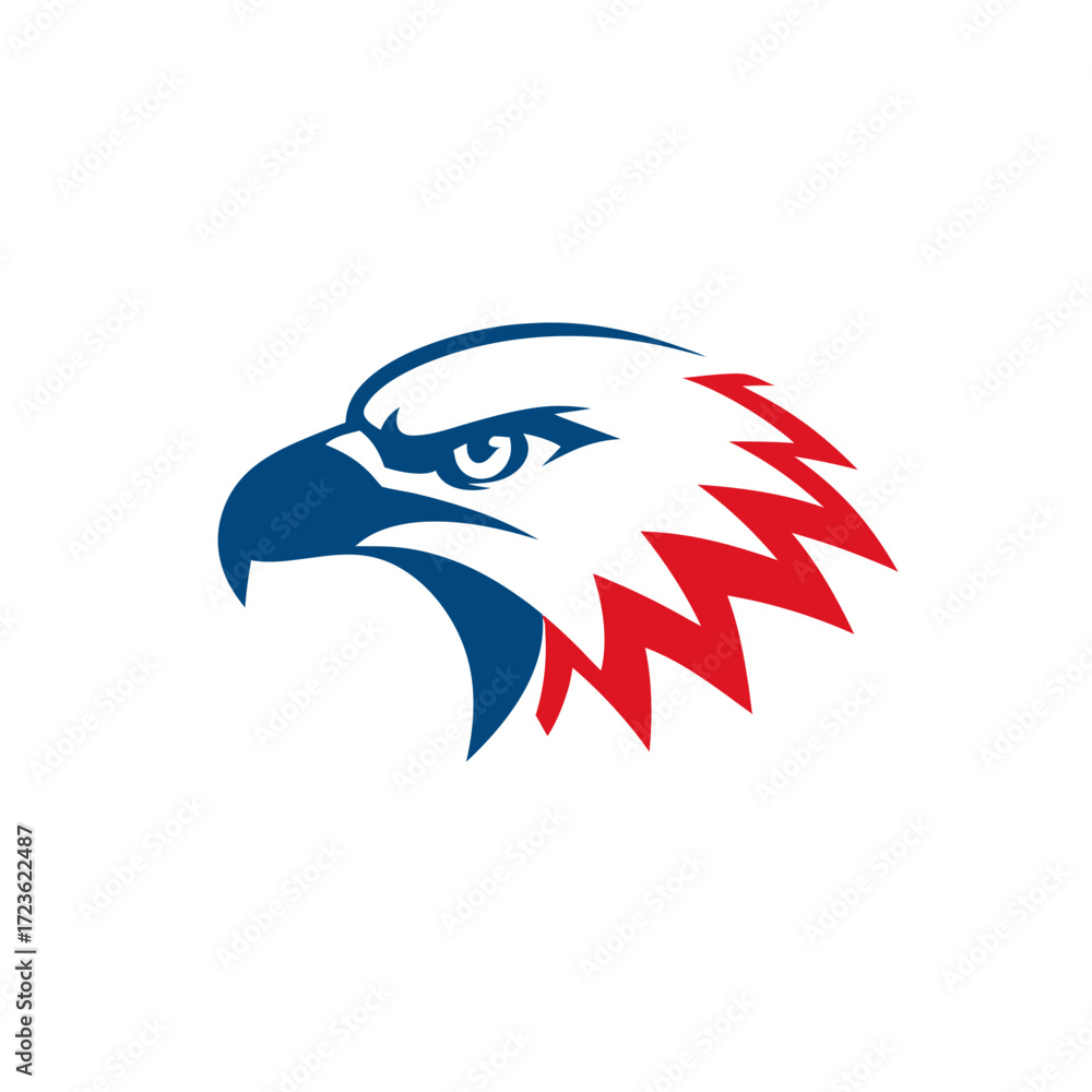 Fototapeta premium Stylized vector illustration of an eagle head in patriotic red, white, and blue colors, symbolizing strength, freedom, and national pride.