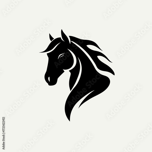 Majestic black horse head profile silhouette illustration. Elegant equine animal icon representing strength, freedom, and grace.