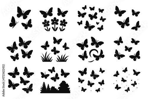 Wing group collection butterfly path motion vector near butterflies pattern icon field