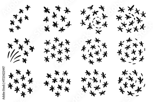 Vector flying swarm bug chaotic swirling flight icon asymmetrical lines spiral chaos