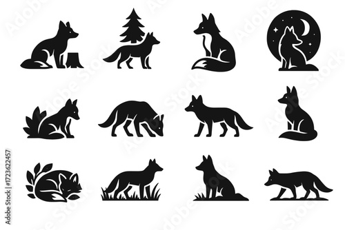Icon silhouette shadows forest beside fox pine shape posture stump vector