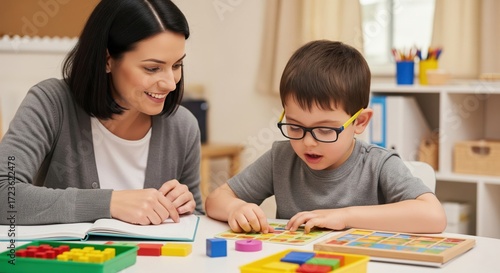 Child with Glasses Working with Therapist or Teacher