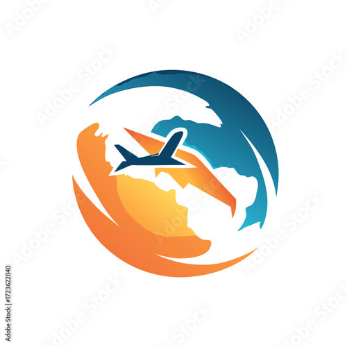 Airplane flying around a vibrant, abstract globe logo, symbolizing worldwide travel, global transportation, and international adventure.