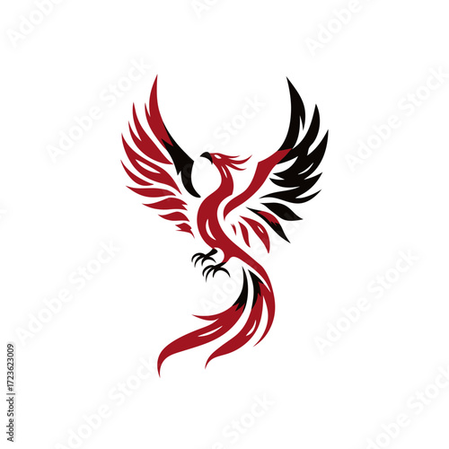 Stylized red and black phoenix bird illustration, mythical creature rising, symbol of rebirth, power, and strength, vector design element