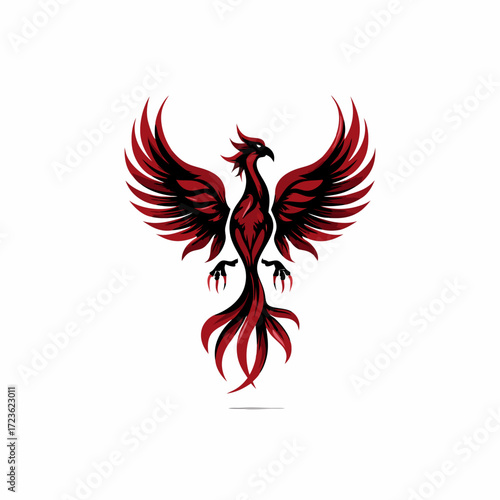 Stylized Red and Black Phoenix Mythical Bird Illustration with Spread Wings, Representing Strength, Resilience, and a Powerful Comeback