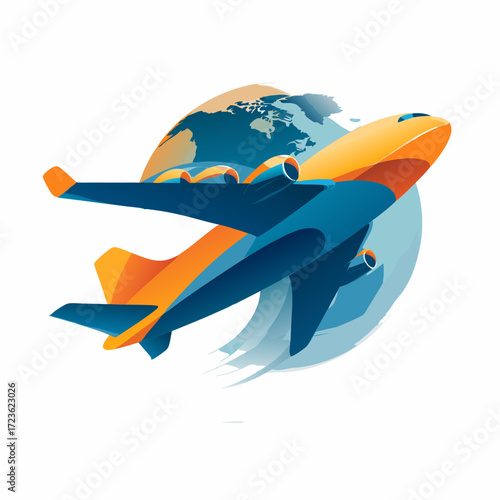 Modern abstract airplane flying around the globe, symbolizing international travel, global transportation, and aerial adventure.