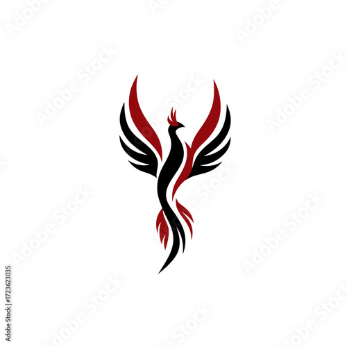 Stylized Phoenix Bird Vector Illustration: Majestic Mythical Firebird in Black and Red, Symbolizing Rebirth and Strength