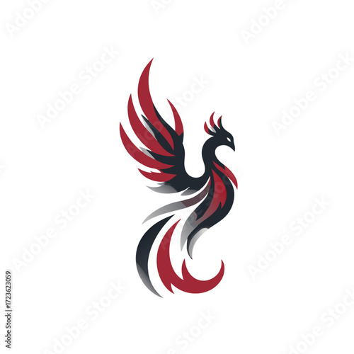 Stylized Phoenix Bird Logo Concept Vector Illustration. Modern Red and Black Mythical Firebird Design with Elegant Wings.