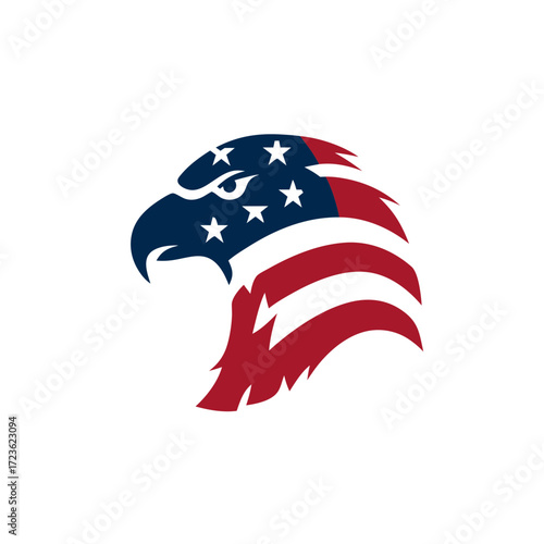 Strong patriotic eagle head icon with stars and stripes vector illustration, symbolizing national pride, freedom, and power.