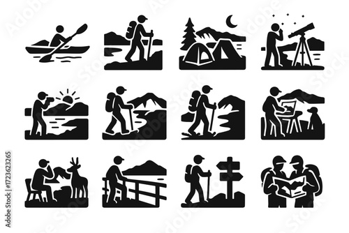 Sunrise map crater lake rim along icon sign reading vector near backpacking