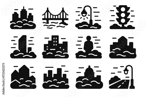 Streetlamp masked building vector fog haze urban cityscape lights icon
