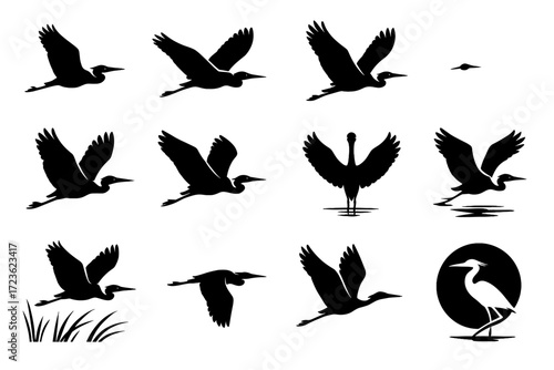 Bird silhouettes heron flying glide pair form icon fly distant vector grid