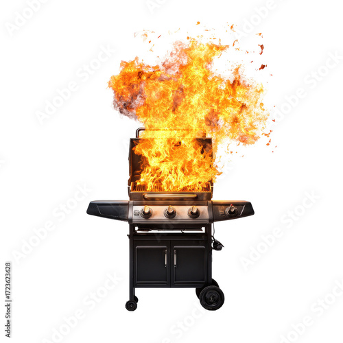A propane gas grill engulfed in flames.  Fiery explosion erupts from grill top
