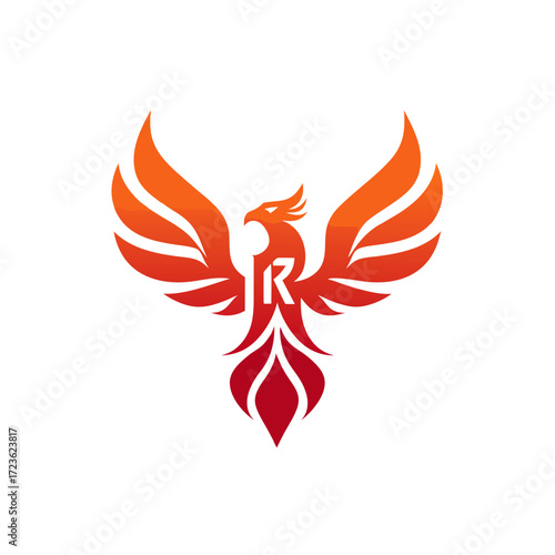 Vibrant phoenix bird illustration with powerful spread wings, showcasing a fiery orange and red gradient, symbolizing strength, rebirth, and power.