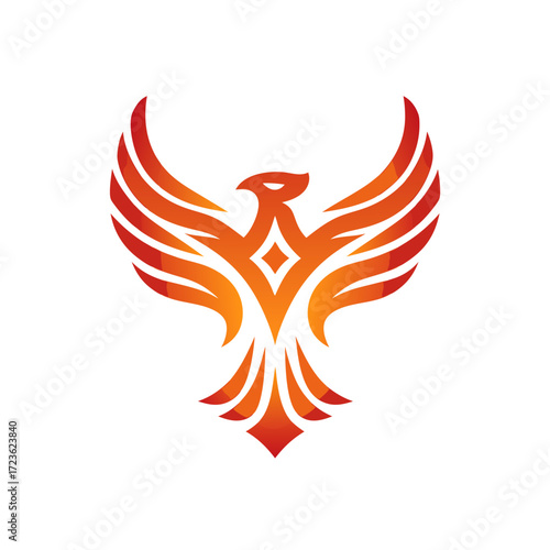 Stylized phoenix bird logo design with fiery wings in red and orange gradient, embodying strength, renewal, and power. Abstract mythical creature icon.