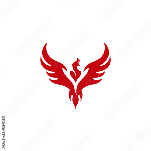 Stylized red phoenix bird with wings spread, a powerful mythical creature representing rebirth, strength, and fire, isolated graphic symbol.