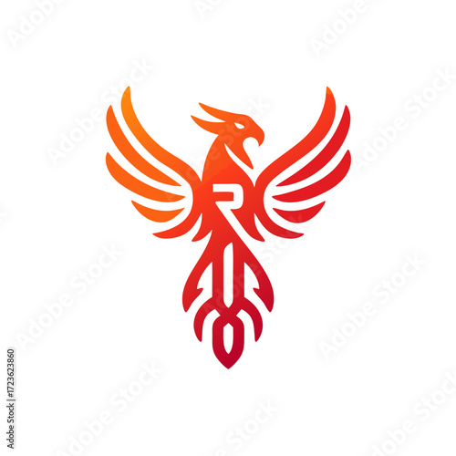 Vibrant phoenix bird graphic design with spread wings, fiery orange and red gradient. Abstract mythical creature symbol of strength and rebirth.