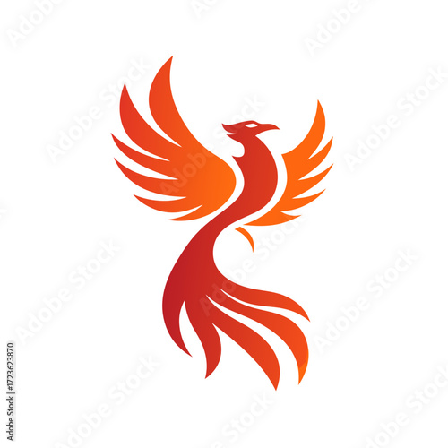 Vibrant stylized phoenix bird in fiery red and orange gradients, symbolizing rebirth, power, and triumph on a white background.