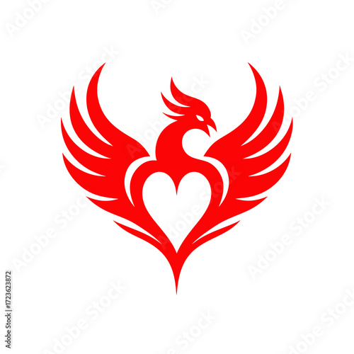 Red phoenix bird logo with a heart symbol, representing love, passion, rebirth, and strength. Stylized graphic vector illustration.