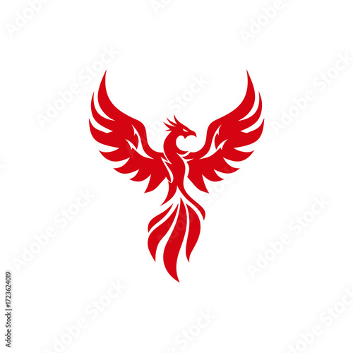 Vibrant Red Phoenix Bird Silhouette Illustration with Majestic Spread Wings, Mythological Symbol of Rebirth, Power, and Strength