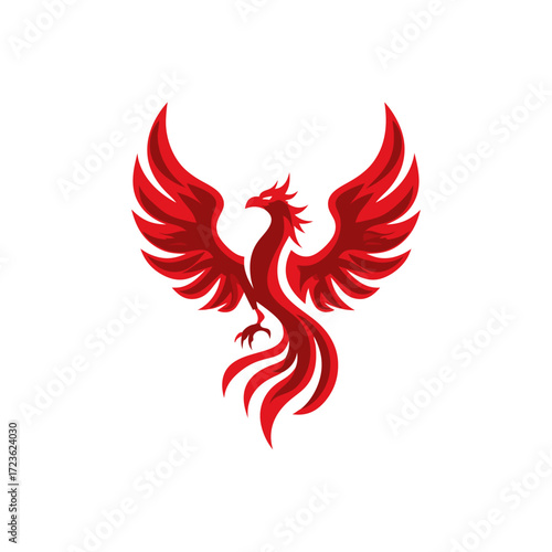Vibrant Red Phoenix Bird Illustration Spreading Majestic Wings, Mythical Fantasy Firebird Emblem, Elegant and Powerful Vector Graphic Design
