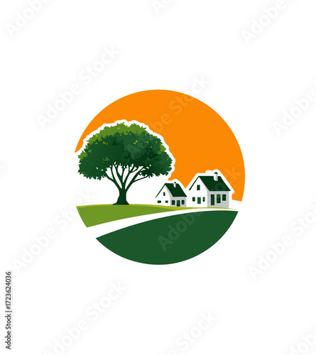 Idyllic suburban landscape graphic with green trees, residential houses, and vibrant orange sky. Eco-friendly living concept.