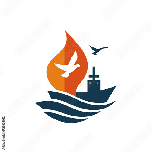 Modern graphic logo: Ship sailing on waves with a flame and a flying dove, symbolizing Christian faith, peace, and spiritual journey.