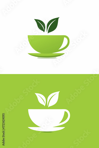 Healthy green tea cup icon with fresh leaves for organic beverage, wellness, and nature branding. Minimalist vector design.