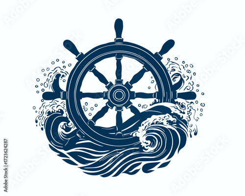 Classic maritime ship wheel amidst powerful sea waves illustration