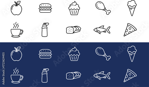 Food and Drink Essentials Outline Icon Pack – Coffee Cup, Pizza Slice, Burger, Ice Cream Cone, Apple Fruit, Bread Loaf, Fish, Chicken Drumstick, Water Bottle, and Cupcake in Thin Line Style