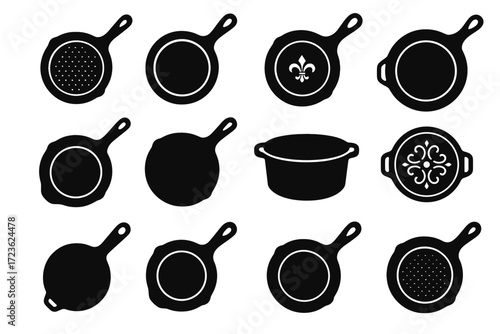 Lid flat cast vector icon skillet hammered detail lip handle iron pan