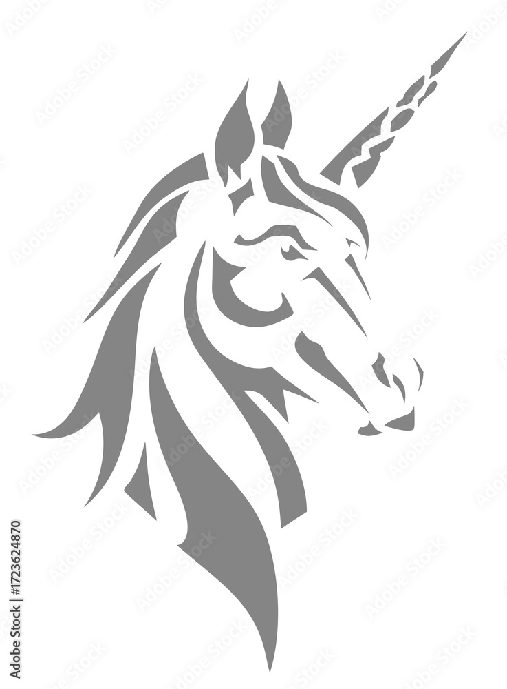 Fototapeta premium Stylized unicorn head illustration, mythical fantasy creature in tribal grey stencil design, magical animal concept art on white.