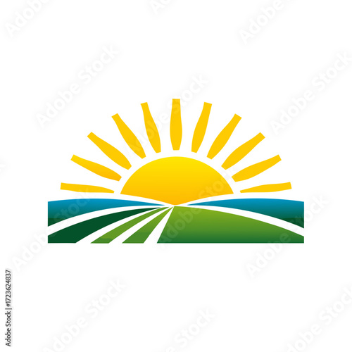 Bright sun rising over vibrant green agricultural fields and a blue horizon, symbolizing nature, growth, farming, and new beginnings.