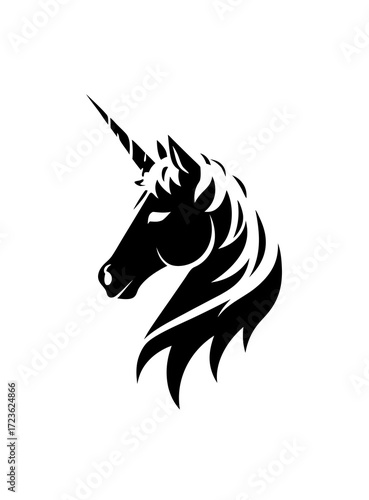 Mystical black unicorn head silhouette, elegant mythical creature, fantasy animal, magic symbol, legendary fairytale beast illustration.