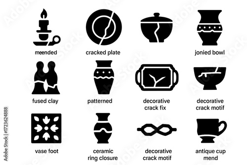 Fused cracked icons restored decor mend icon vector foot pottery tray teacup
