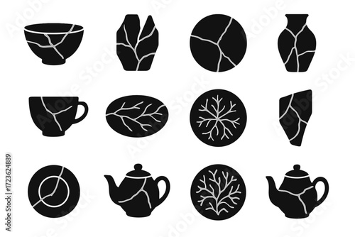 Plate lines fracture shard collection kintsugi seams vector split icon fragmented gilded