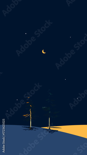 Minimalist night landscape illustration with crescent moon, shining stars, and tall trees. Flat design nocturnal scene with contrasting light.
