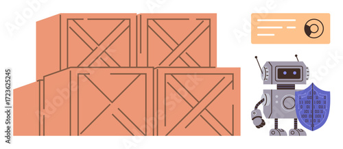 Stacked wooden crates beside a robot holding a shield and analytics screen. Ideal for automation, logistics, security, inventory, supply chain, robotics, and technology. Simple flat metaphor