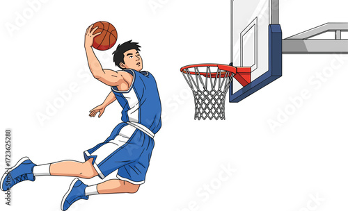 Cartoon basketball player slam dunk, blue uniform, sports action, athletic jump, vector illustration, indoor court, dynamic pose, competitive energy