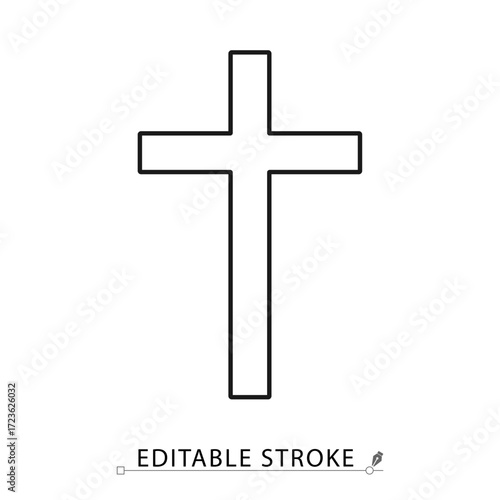 A christian cross icon in a minimalist line style with editable stroke. Religious symbol, faith sign, spiritual worship object, catholic church element, holy crucifix concept, god belief.