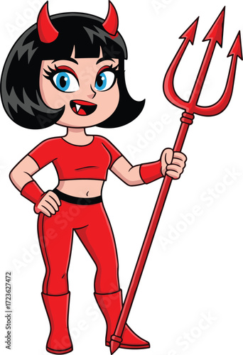 Cartoon devil girl character, red costume, trident pose, confident expression, fantasy theme, vector illustration, playful design, Halloween, cosplay, attitude