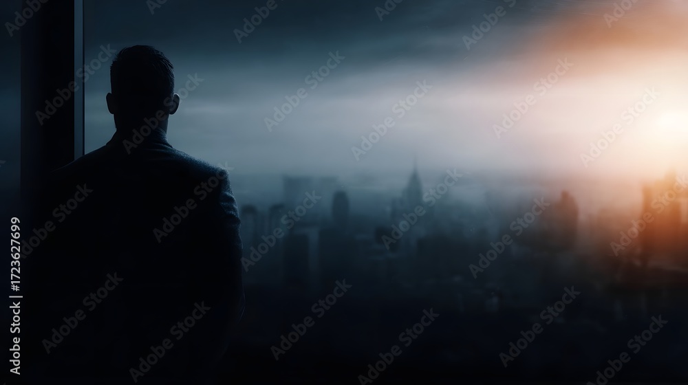 Fototapeta premium Silhouette of a businessman gazing at a misty city skyline during a sunrise symbolizing ambition and future success