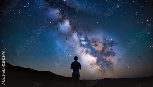 Person gazing at Milky Way galaxy in night sky outdoors  