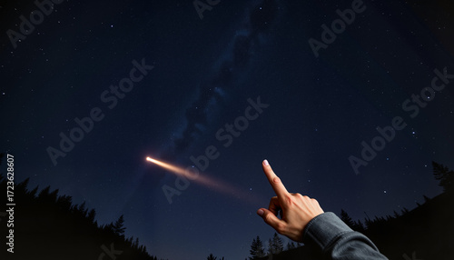 Person pointing at shooting star in night sky over forest  
