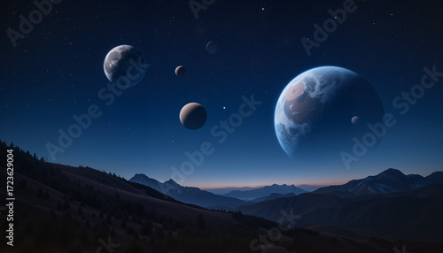 Surreal view of planets in night sky over mountain landscape  