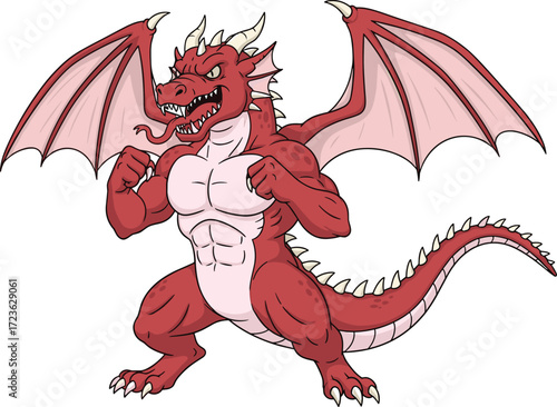 Cartoon red dragon character, muscular fantasy creature, fierce expression, battle pose, wings spread, vector illustration, mythical beast, power, strength, intimidation