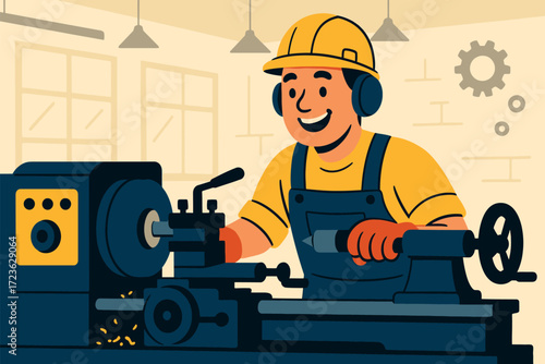 Illustration of a factory worker smiling while operating a lathe machine and manufacturing a metal part