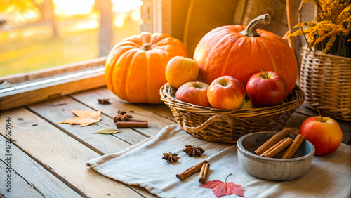 Cozy fall harvest flat lay, pumpkins, apples, cinnamon sticks, rustic wooden table, warm sunlight, shallow depth of field, cozy farmhouse style, wide composition with copy space, photorealistic.